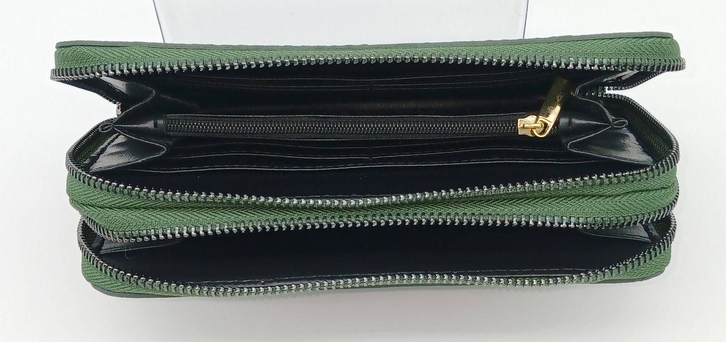 Genuine Croc Embossed Leather Double Zip Wallet – Made In Italy - Bottle Green