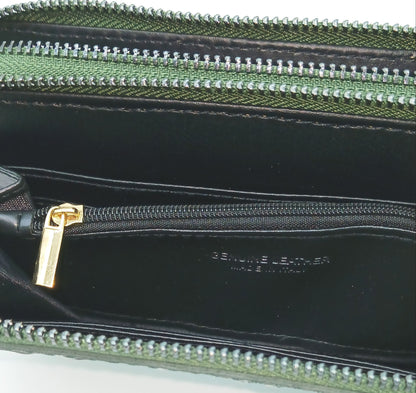 Genuine Croc Embossed Leather Double Zip Wallet – Made In Italy - Bottle Green