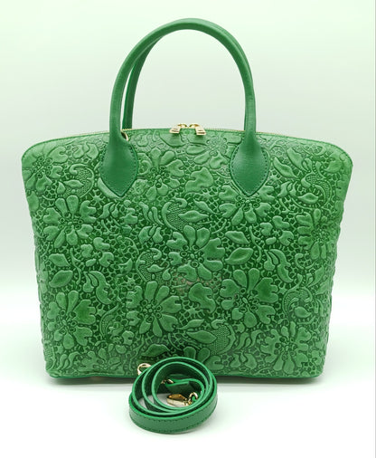Green Genuine Leather Floral Embossed Handbag Satchel – Made In Italy