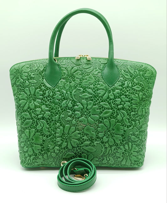 Green Genuine Leather Floral Embossed Handbag Satchel – Made In Italy