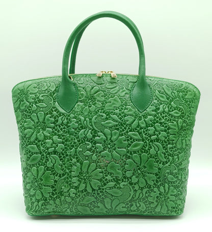 Green Genuine Leather Floral Embossed Handbag Satchel – Made In Italy
