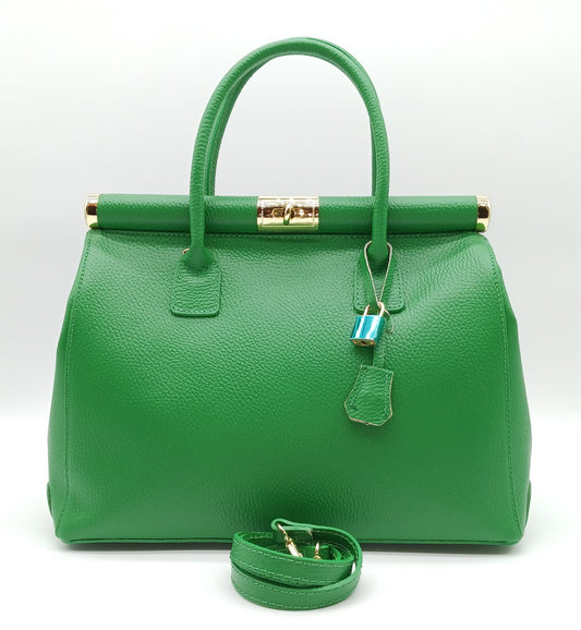 Lock & Key Genuine Pebble Leather Handbag Satchel - Green – Made In Italy