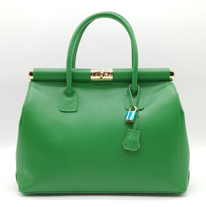 Lock & Key Genuine Pebble Leather Handbag Satchel - Green – Made In Italy