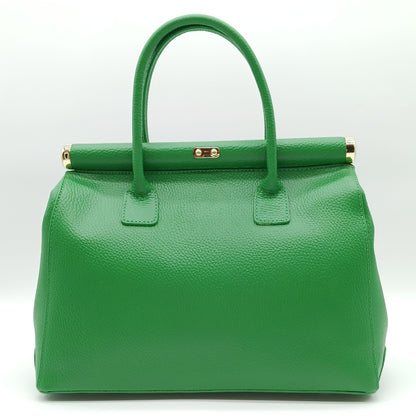 Lock & Key Genuine Pebble Leather Handbag Satchel - Green – Made In Italy