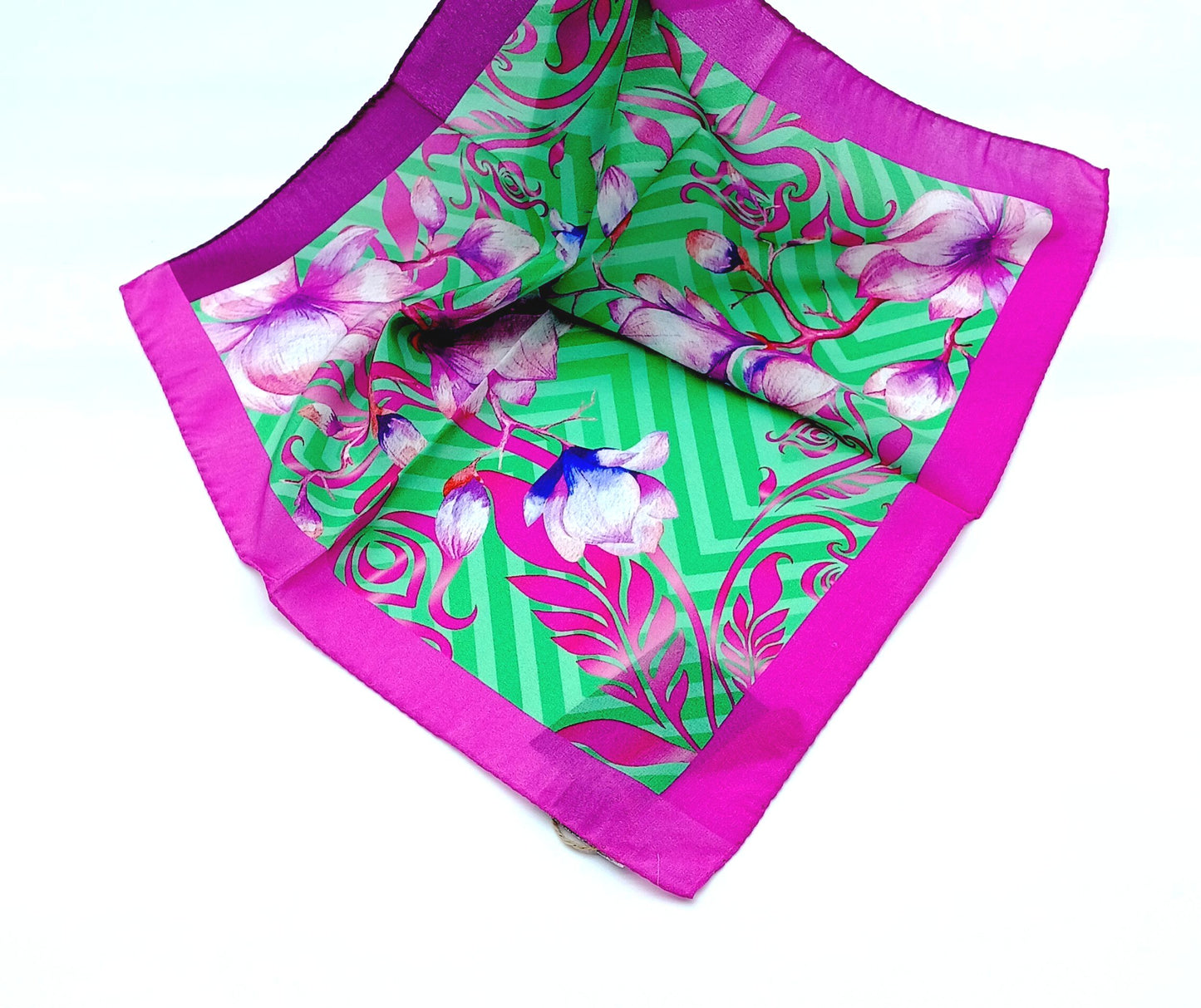 Italian Silk Handkerchief/Neckerchief Floral Square Scarf 17x17 – Made In Italy - Green, Pink, Purple