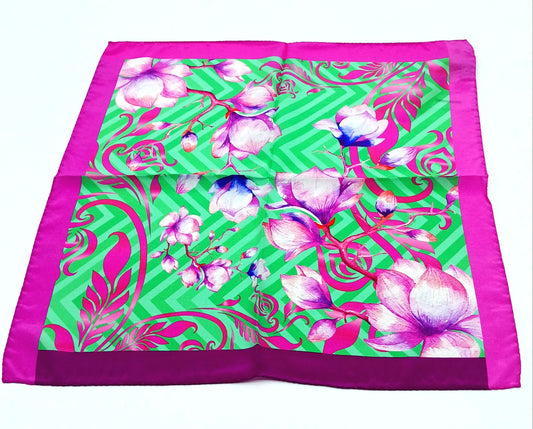 Italian Silk Handkerchief/Neckerchief Floral Square Scarf 17x17 – Made In Italy - Green, Pink, Purple