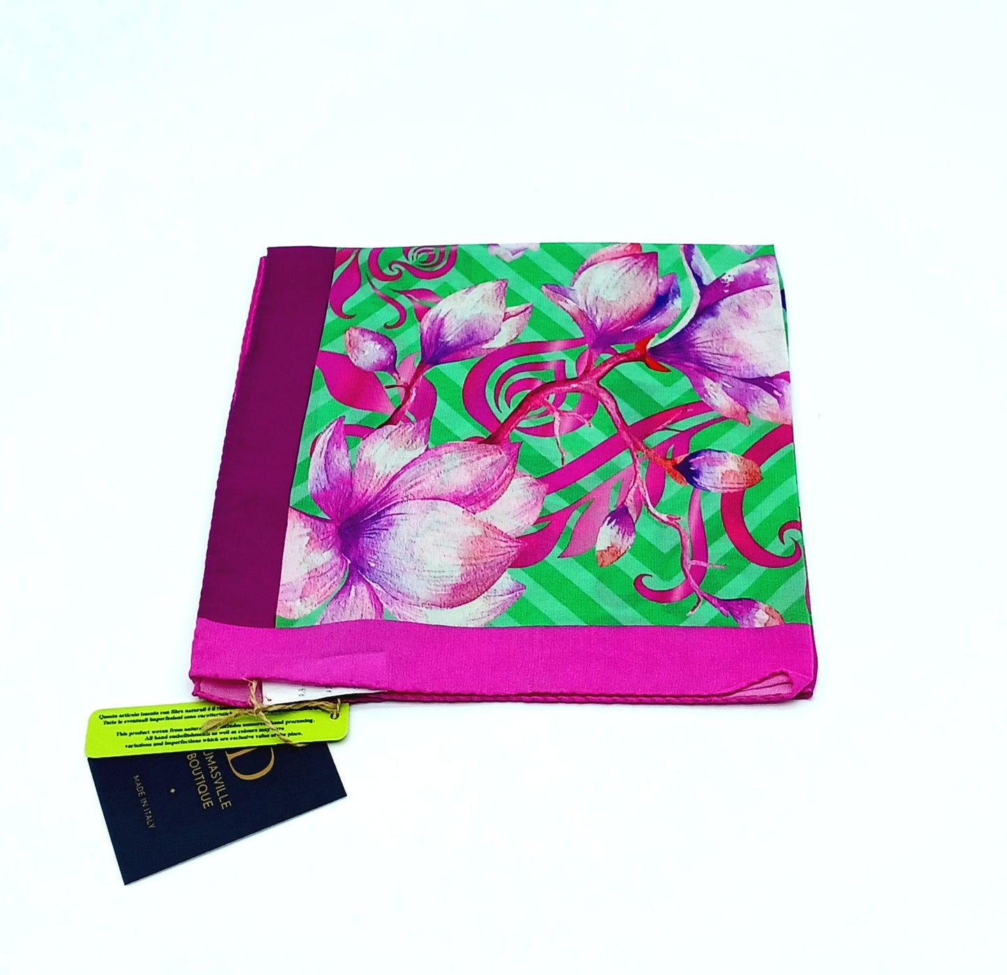 Italian Silk Handkerchief/Neckerchief Floral Square Scarf 17x17 – Made In Italy - Green, Pink, Purple
