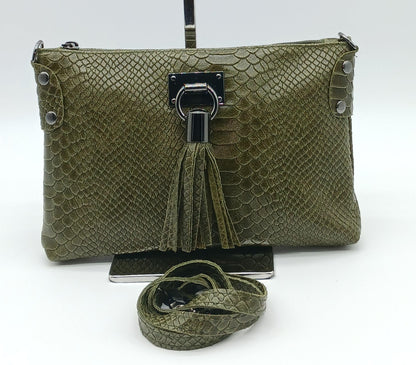 Snake Embossed Genuine Leather Crossbody Handbag - Military Green – Made In Italy - DumasvilleBoutique