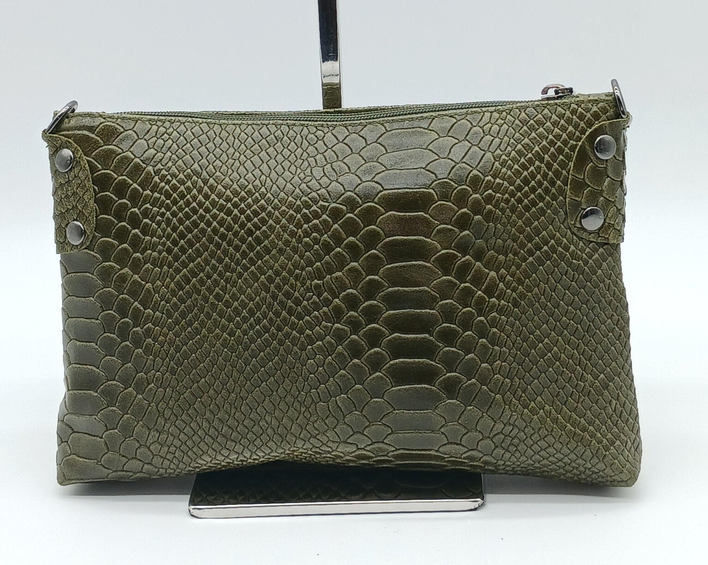 Snake Embossed Genuine Leather Crossbody Handbag - Military Green – Made In Italy - DumasvilleBoutique