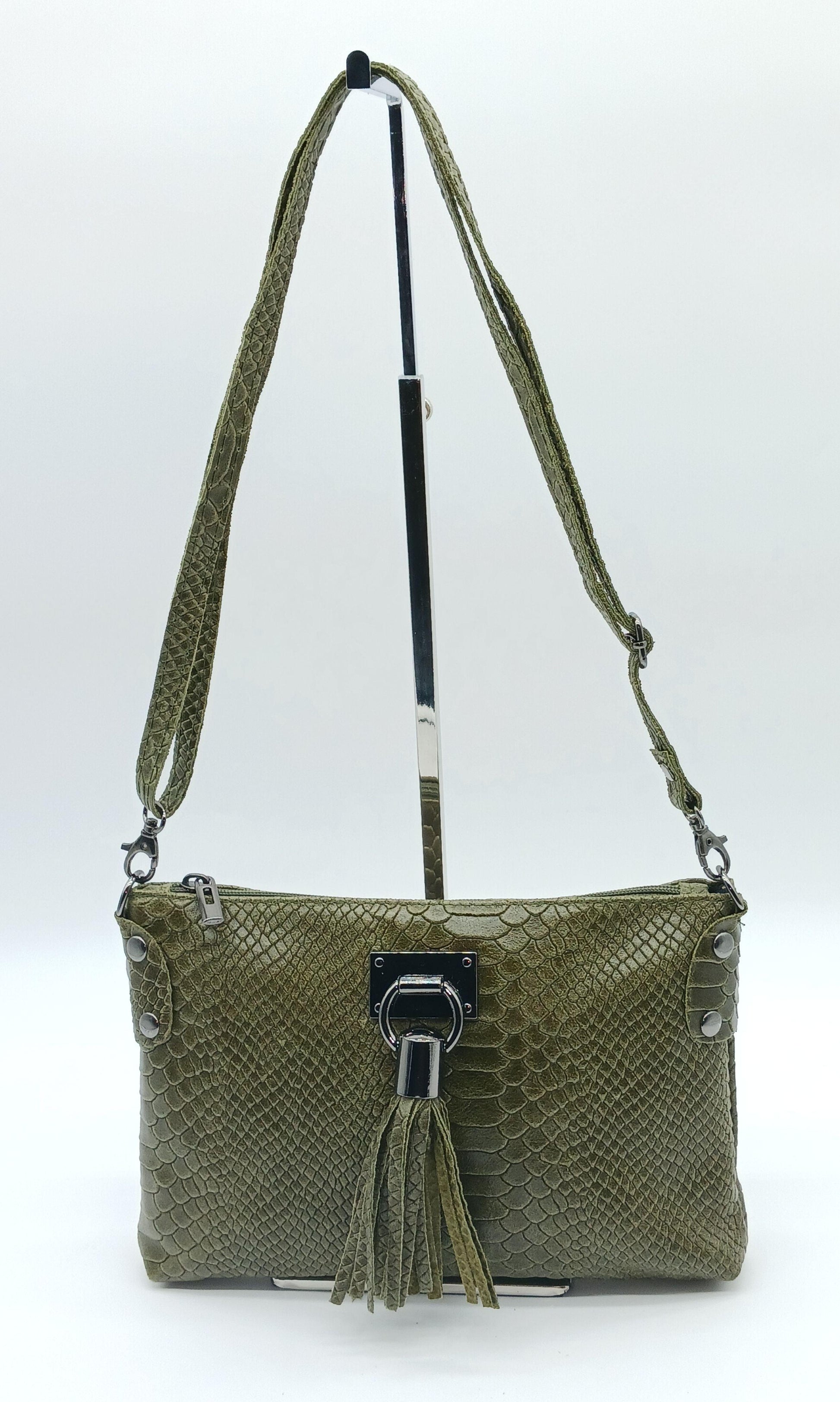 Snake Embossed Genuine Leather Crossbody Handbag - Military Green – Made In Italy - DumasvilleBoutique