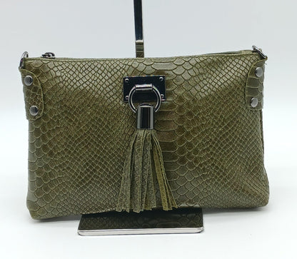 Snake Embossed Genuine Leather Crossbody Handbag - Military Green – Made In Italy - DumasvilleBoutique