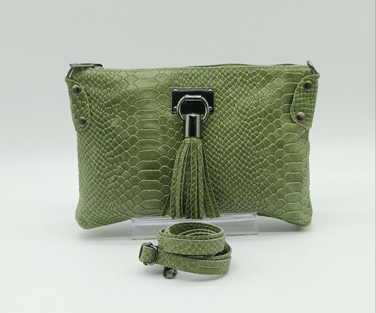 Snake Embossed Genuine Leather Crossbody Handbag - Olive Green – Made In Italy