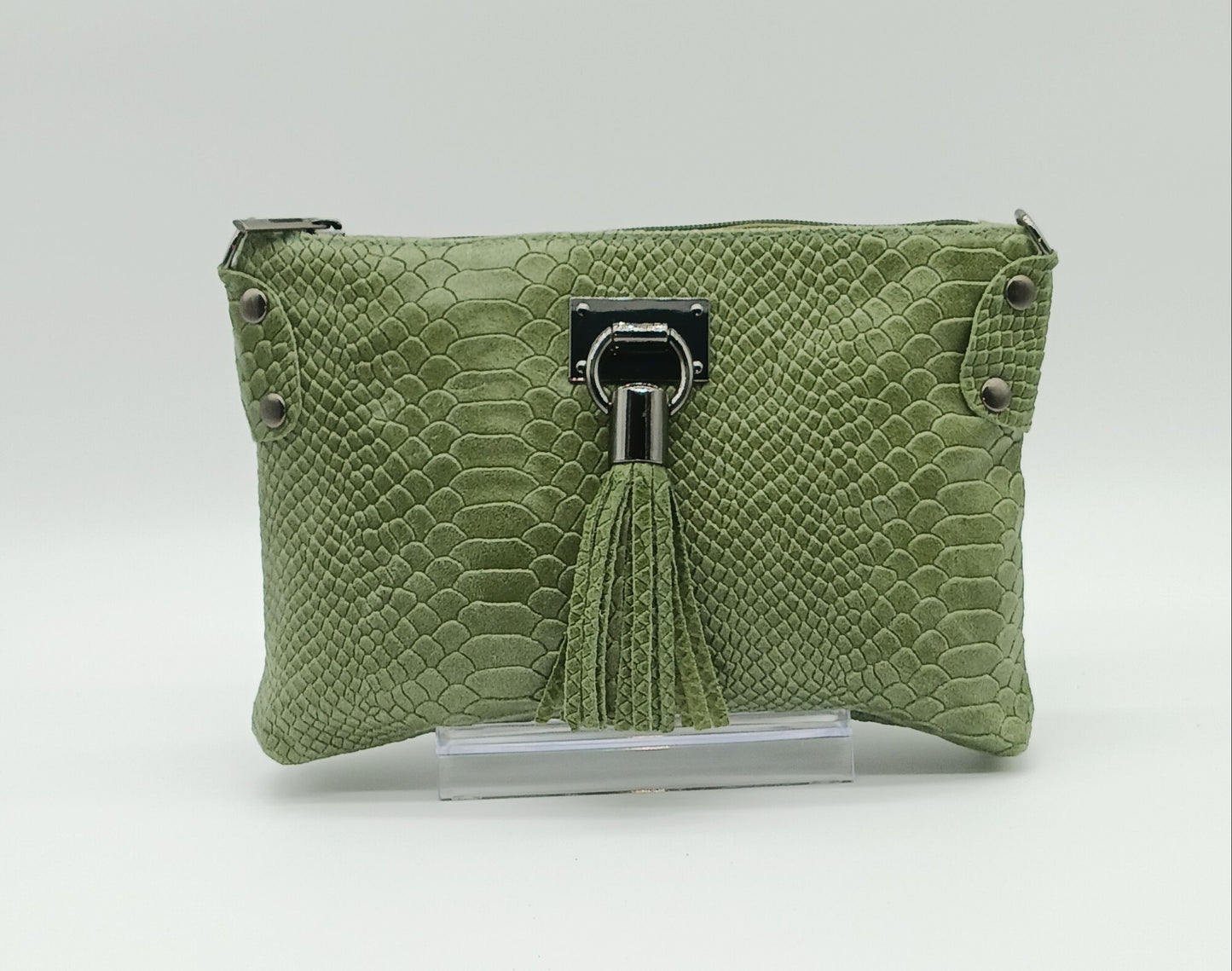 Snake Embossed Genuine Leather Crossbody Handbag - Olive Green – Made In Italy