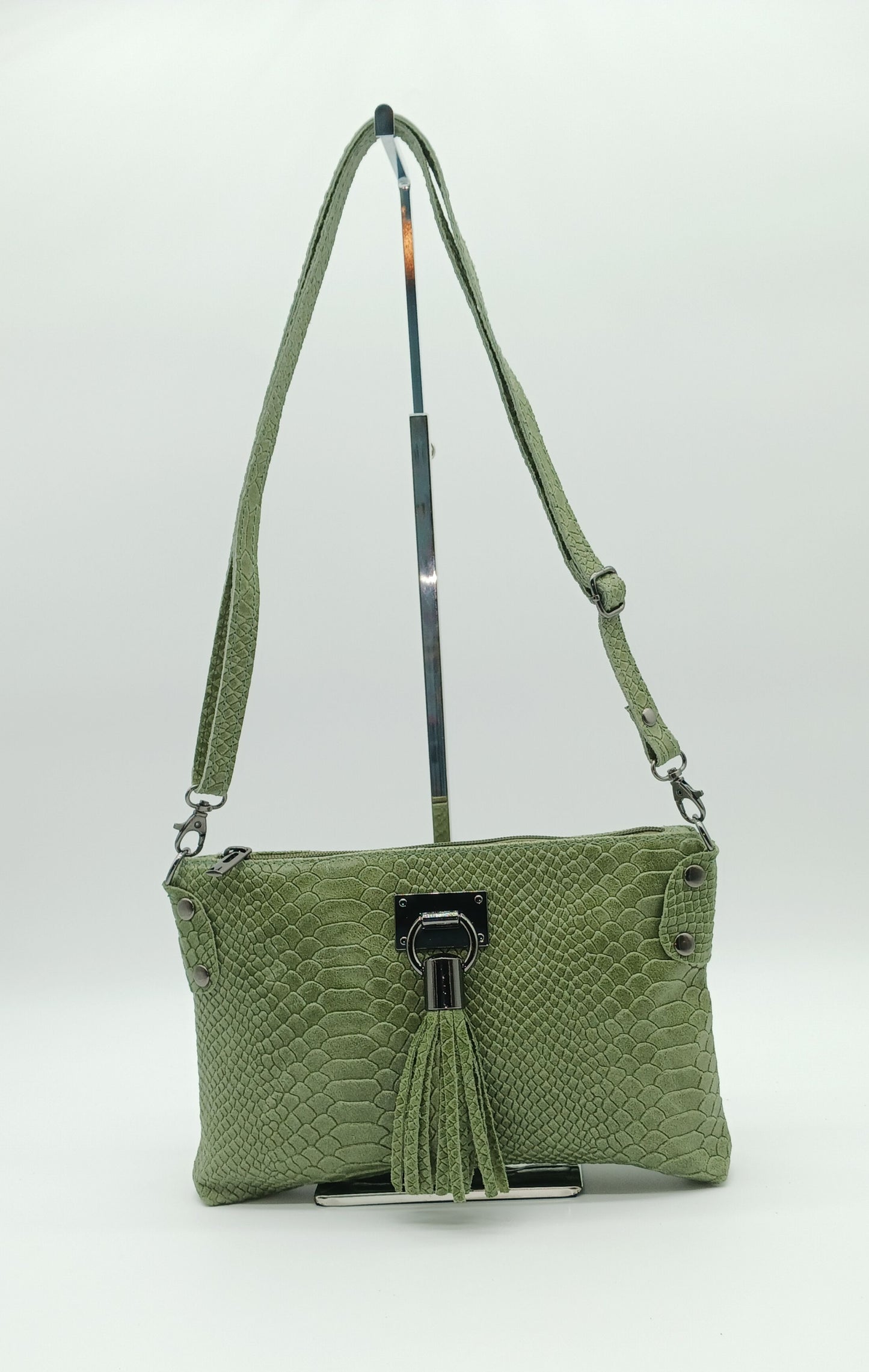 Snake Embossed Genuine Leather Crossbody Handbag - Olive Green – Made In Italy