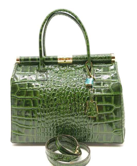 Lock & Key Shiny Croc Embossed Genuine Leather Handbag Satchel – Made In Italy - Green