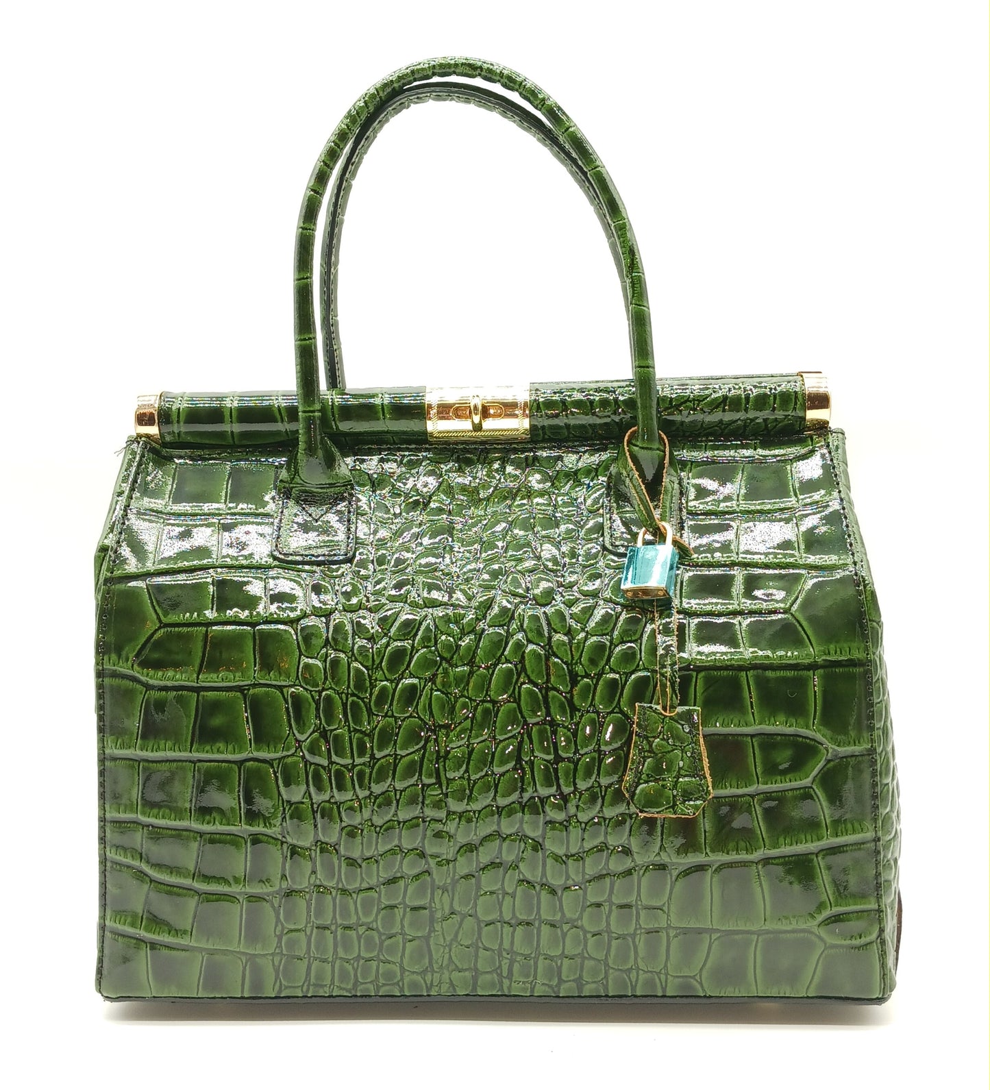 Lock & Key Shiny Croc Embossed Genuine Leather Handbag Satchel – Made In Italy - Green