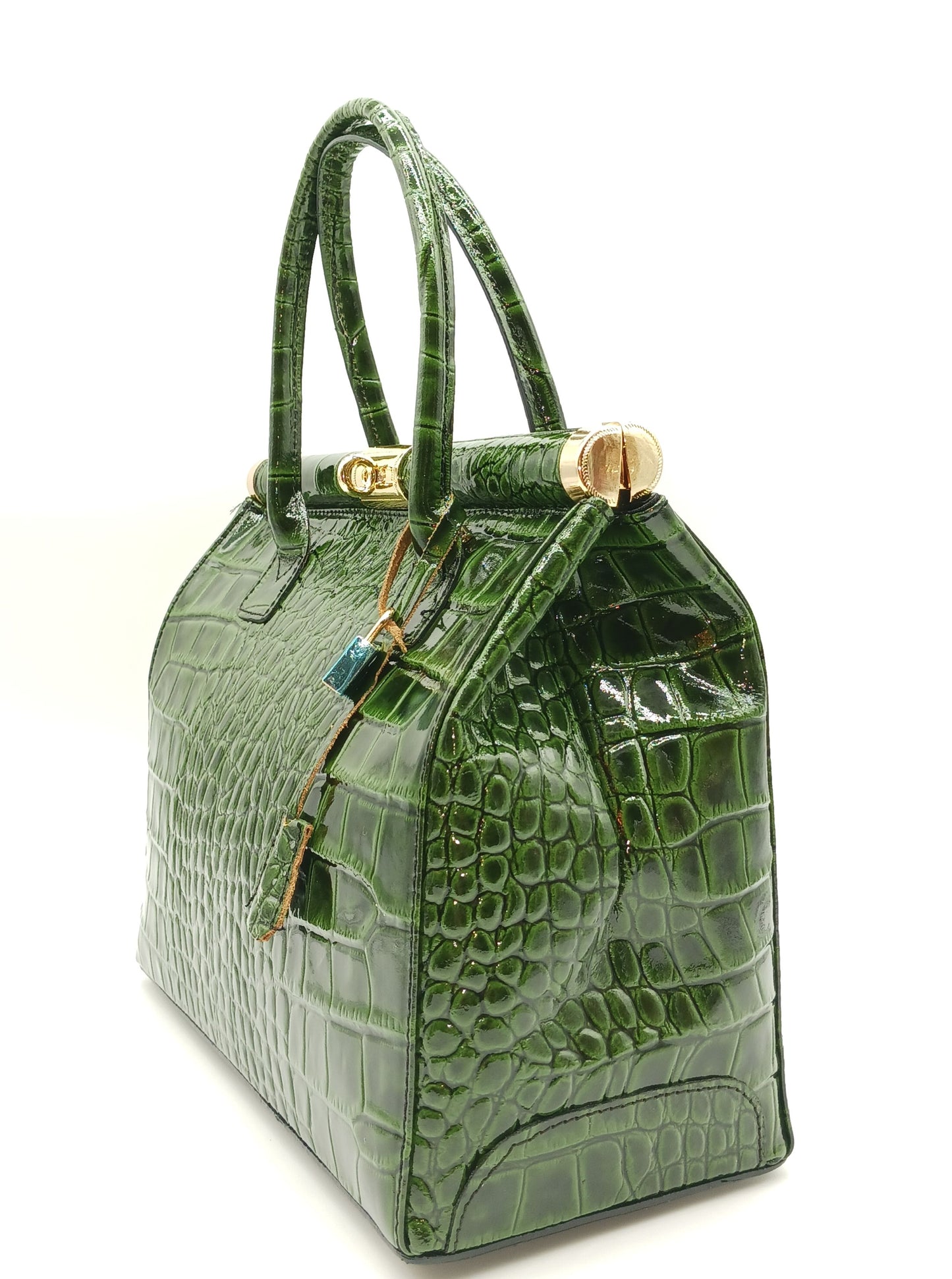 Lock & Key Shiny Croc Embossed Genuine Leather Handbag Satchel – Made In Italy - Green