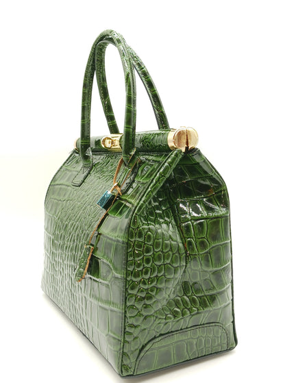 Lock & Key Shiny Croc Embossed Genuine Leather Handbag Satchel – Made In Italy - Green
