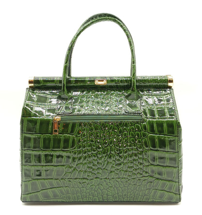 Lock & Key Shiny Croc Embossed Genuine Leather Handbag Satchel – Made In Italy - Green