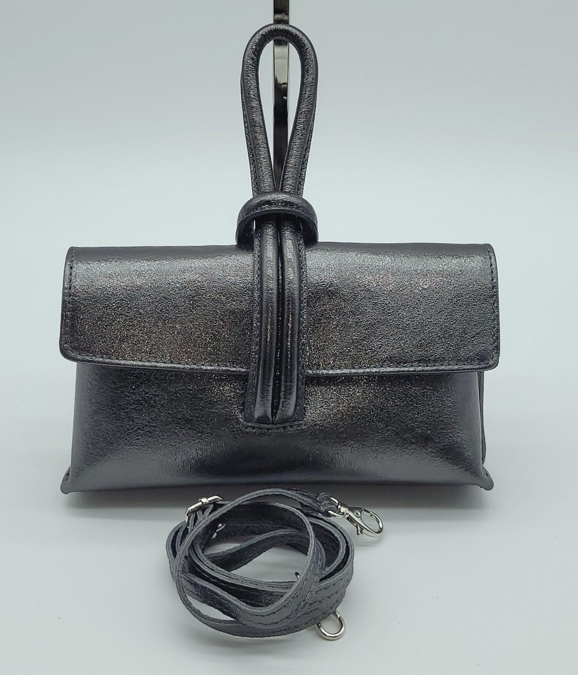 Genuine Pebble Leather Crossbody Handbag - Gunmetal – Made In Italy - DumasvilleBoutique