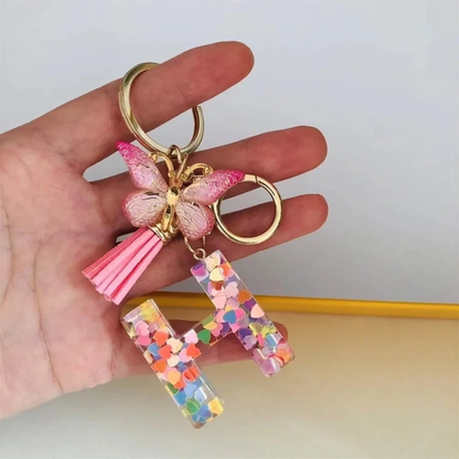 Pink Personalized Resin Alphabet Initial Tassel Butterfly Keychain Bag Charm