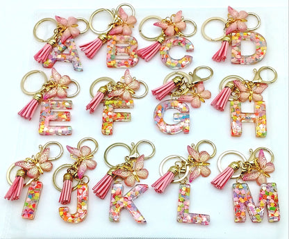 Pink Personalized Resin Alphabet Initial Tassel Butterfly Keychain Bag Charm