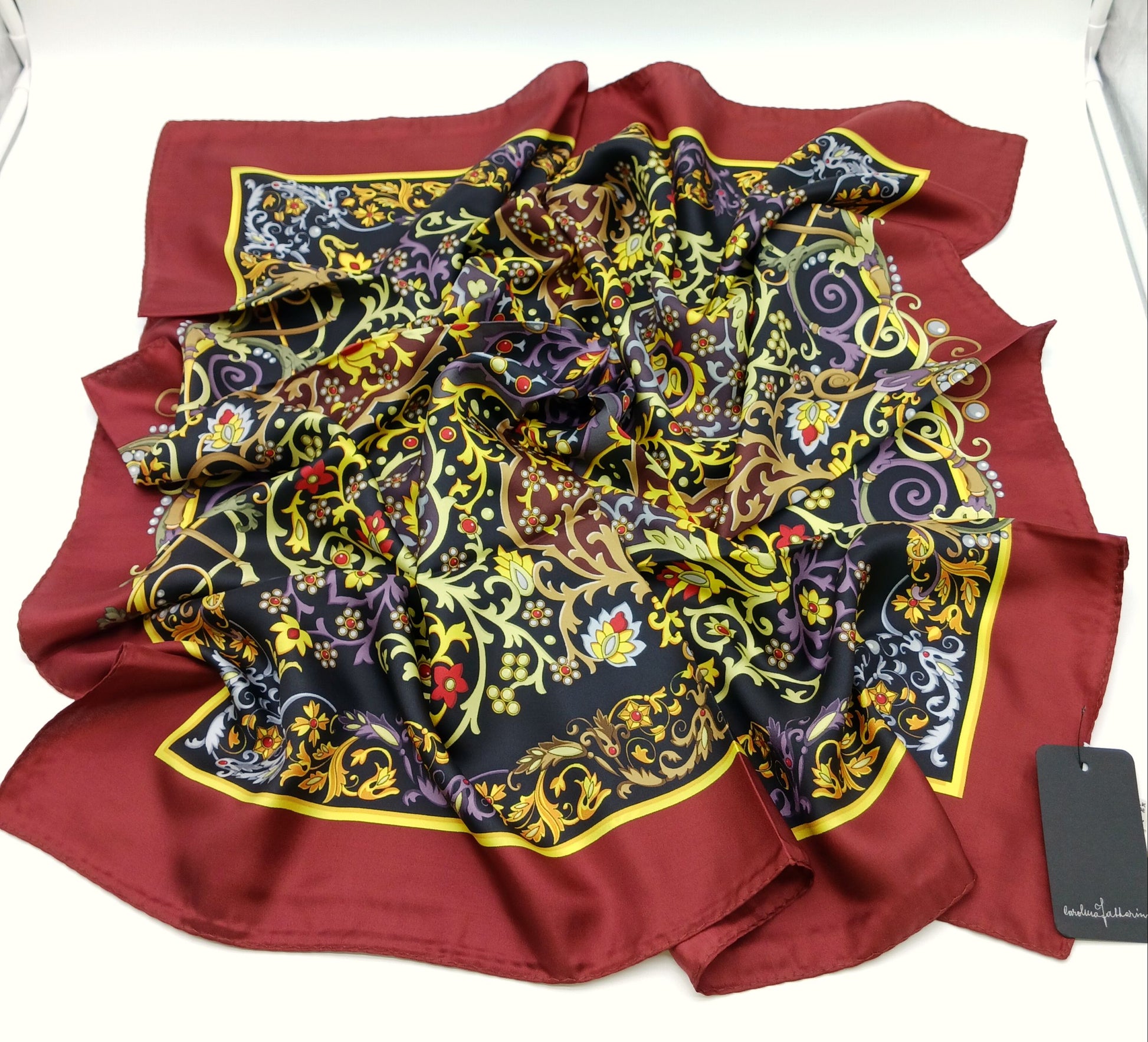 Luxury Jewel Design Silk Twill Square Scarf 35x35 – Made In Italy – Bordeaux Multicolor - DumasvilleBoutique