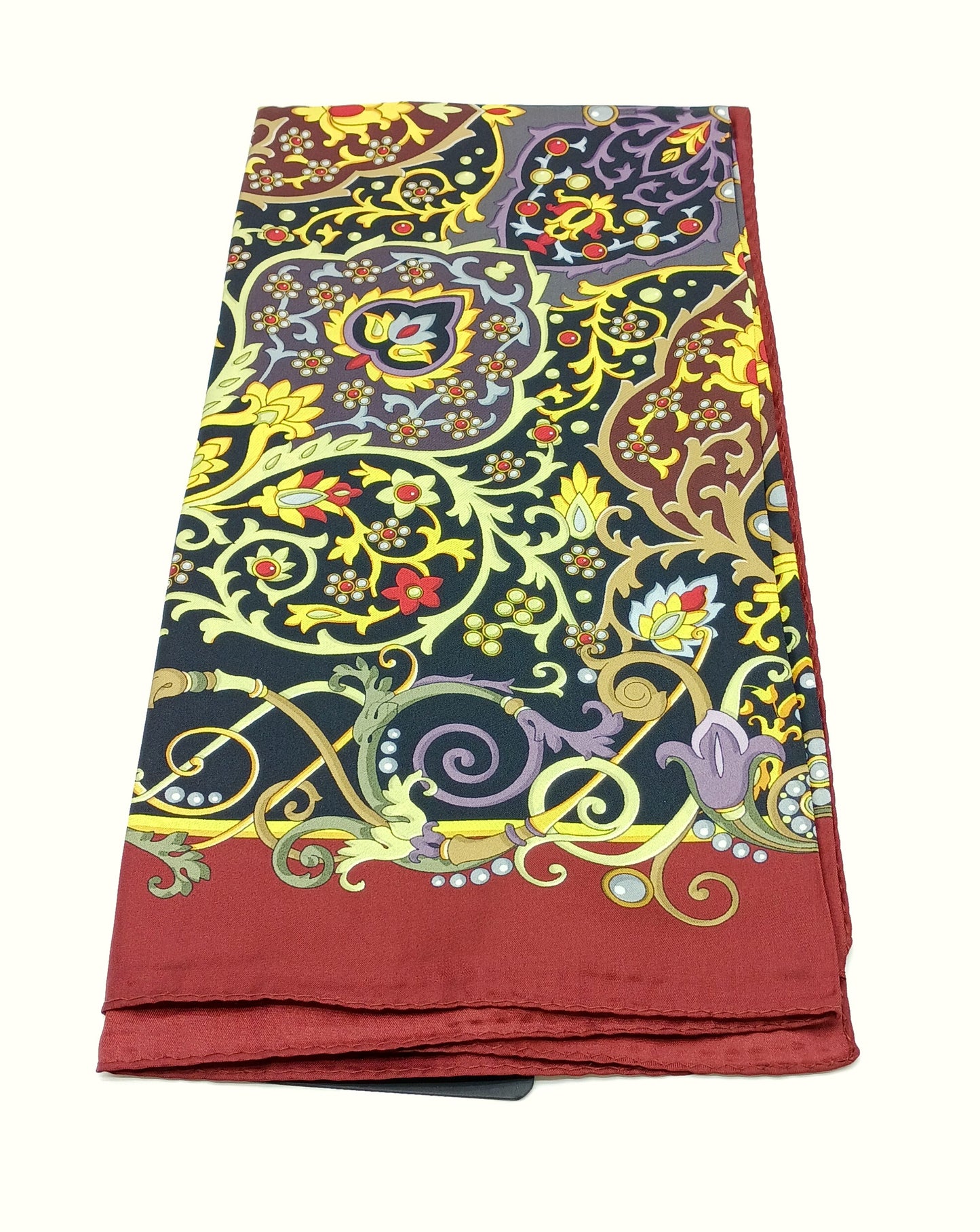 Luxury Jewel Design Silk Twill Square Scarf 35x35 – Made In Italy – Bordeaux Multicolor - DumasvilleBoutique