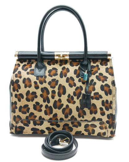 Lock & Key Brown Leopard Fur Black Genuine Leather Handbag Satchel – Made In Italy
