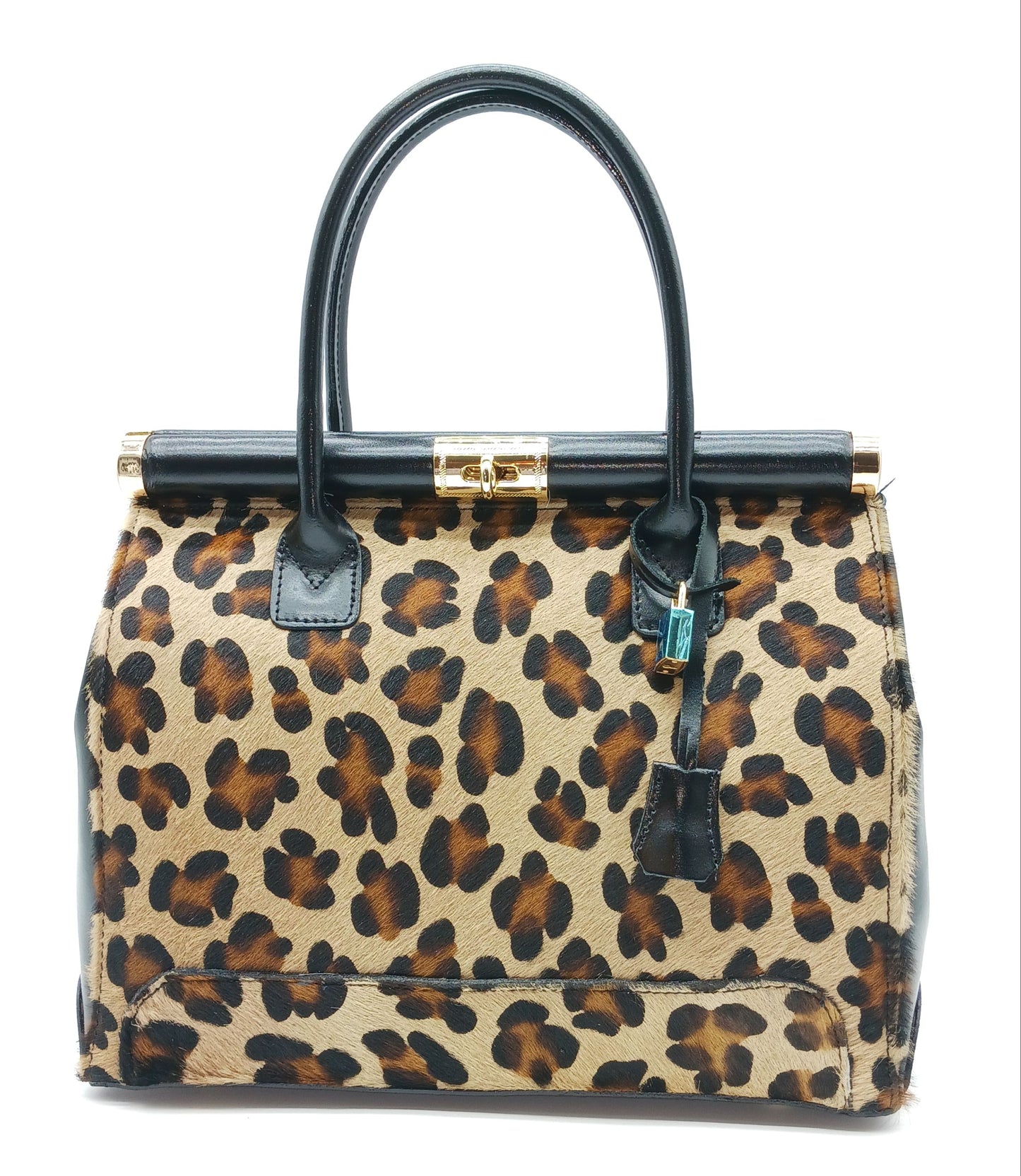 Lock & Key Brown Leopard Fur Black Genuine Leather Handbag Satchel – Made In Italy