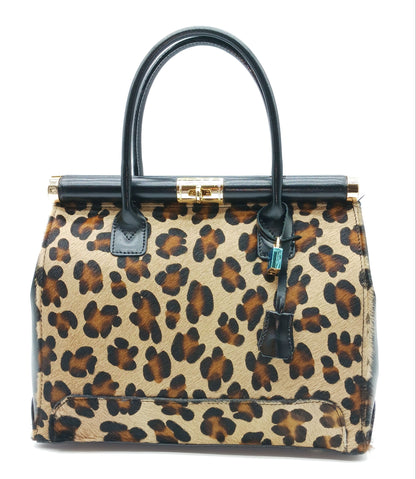 Lock & Key Brown Leopard Fur Black Genuine Leather Handbag Satchel – Made In Italy