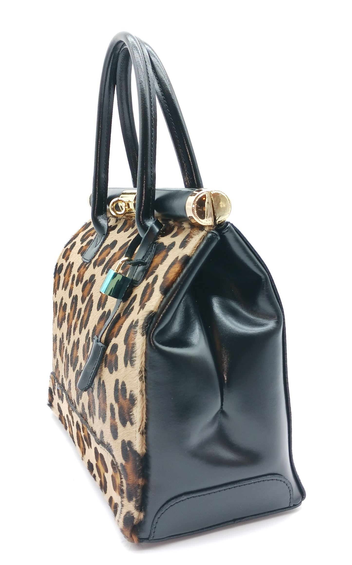 Lock & Key Brown Leopard Fur Black Genuine Leather Handbag Satchel – Made In Italy