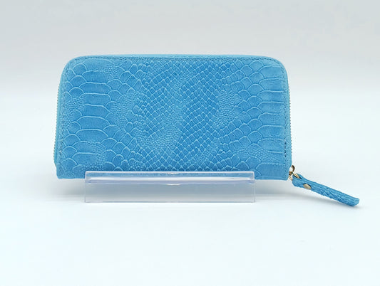 Genuine Snake Embossed Leather Zip Wallet – Made In Italy - Light Blue