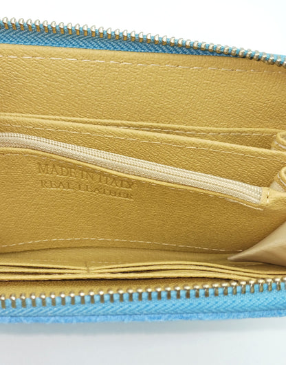 Genuine Snake Embossed Leather Zip Wallet – Made In Italy - Light Blue