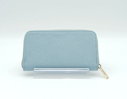 Genuine Pebble Leather Zip Wallet – Made In Italy - Light Blue