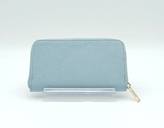 Genuine Pebble Leather Zip Wallet – Made In Italy - Light Blue