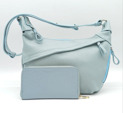 Genuine Pebble Leather Zip Wallet – Made In Italy - Light Blue