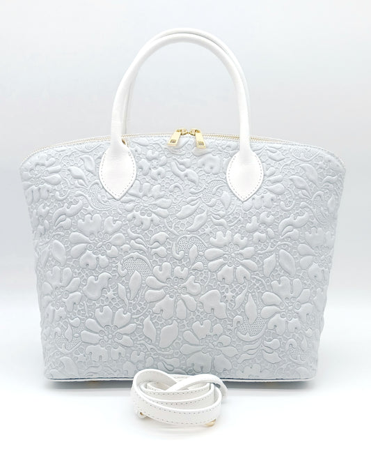 Light Gray Genuine Leather Floral Embossed Handbag Satchel – Made In Italy