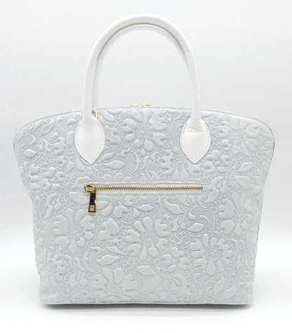 Light Gray Genuine Leather Floral Embossed Handbag Satchel – Made In Italy