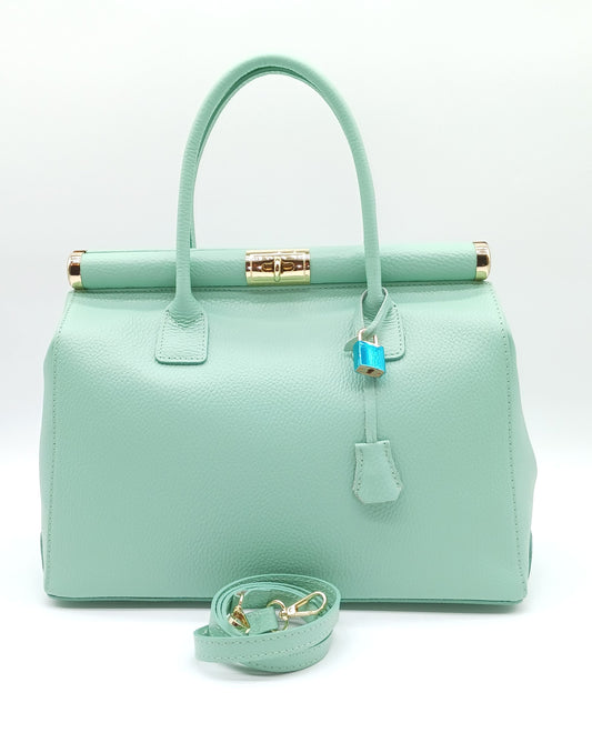 Lock & Key Genuine Pebble Leather Handbag Satchel - Mint Green – Made In Italy