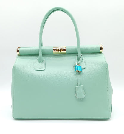 Lock & Key Genuine Pebble Leather Handbag Satchel - Mint Green – Made In Italy