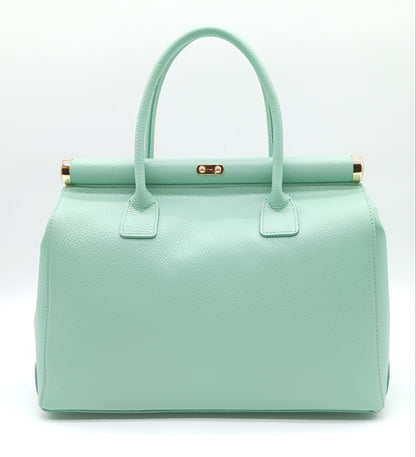 Lock & Key Genuine Pebble Leather Handbag Satchel - Mint Green – Made In Italy