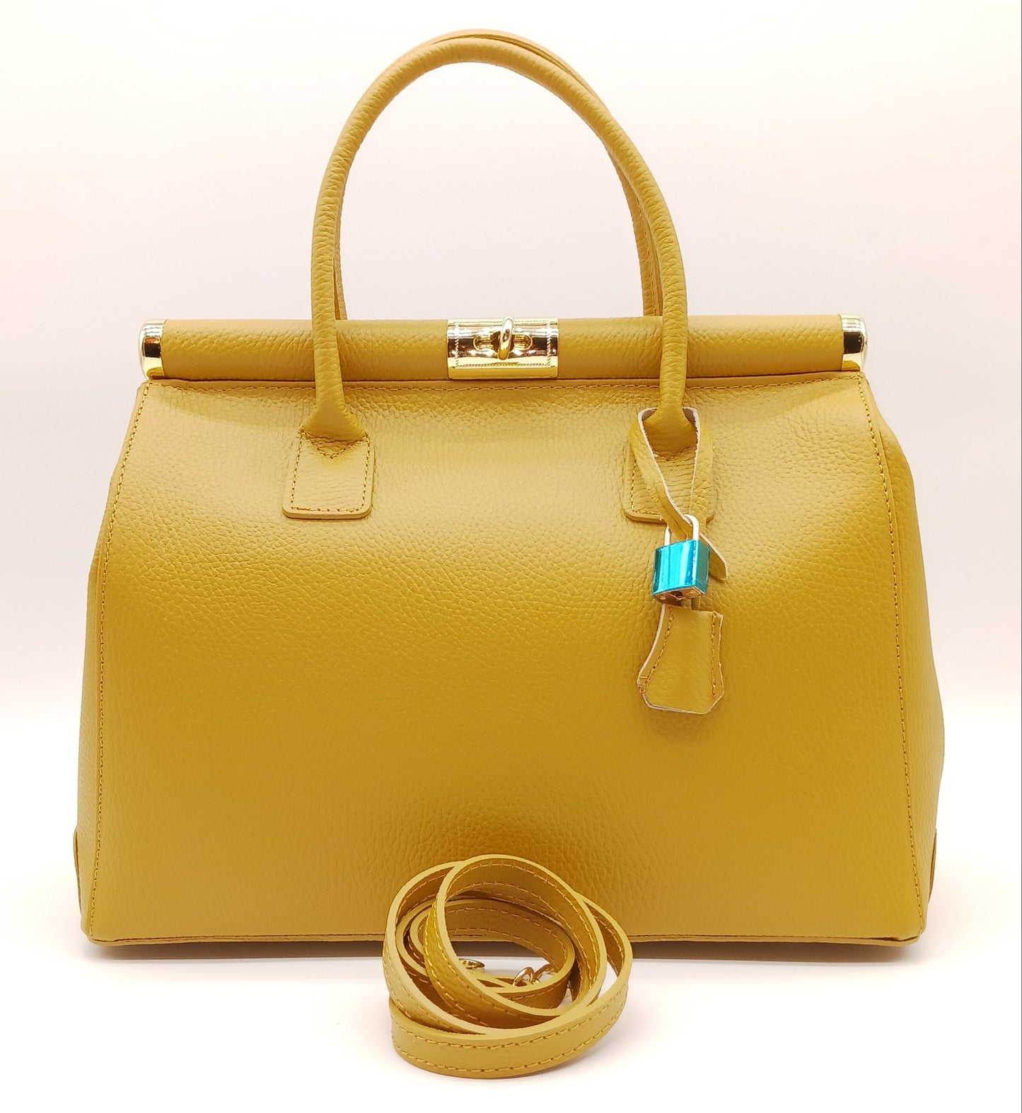 Lock & Key Genuine Pebble Leather Handbag Satchel - Mustard Yellow – Made In Italy