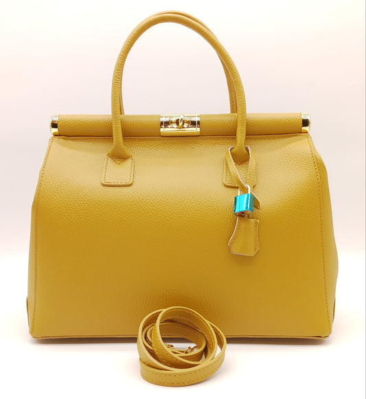 Lock & Key Genuine Pebble Leather Handbag Satchel - Mustard Yellow – Made In Italy