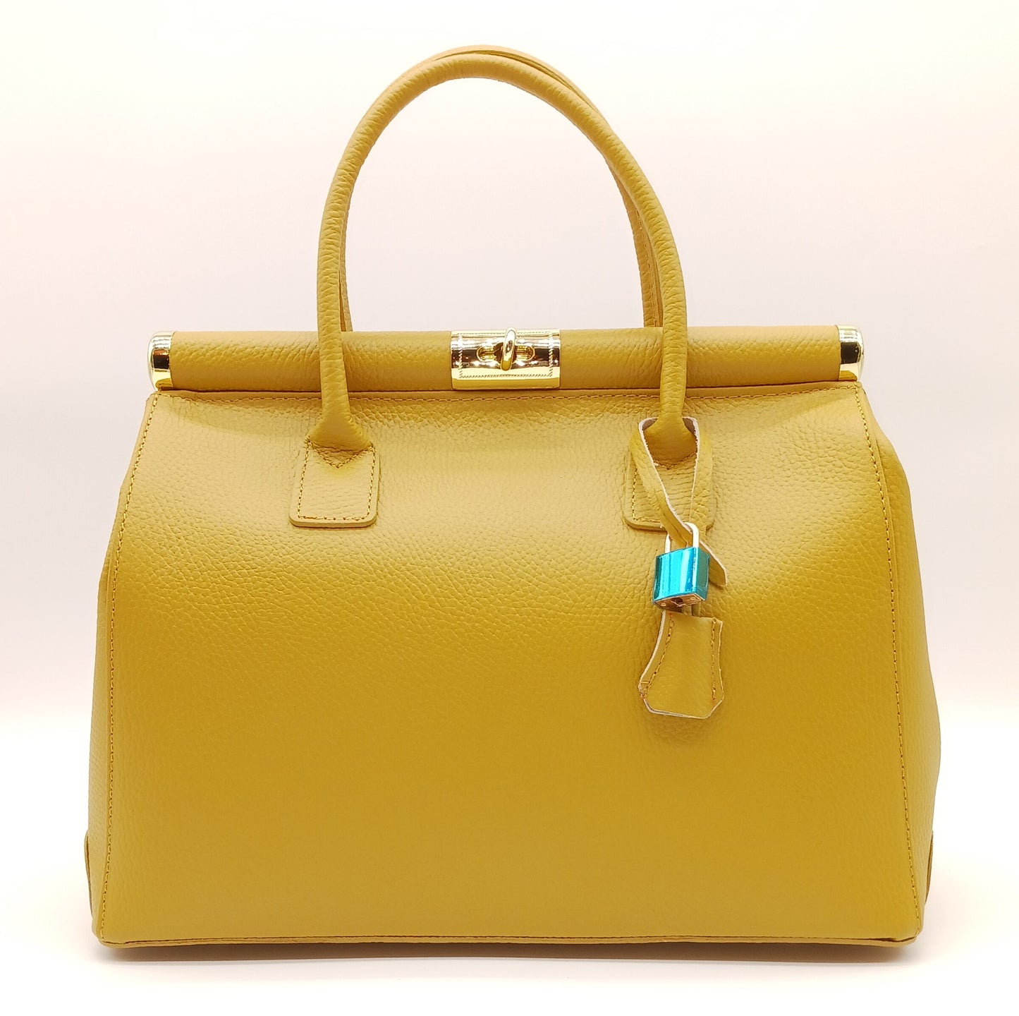 Lock & Key Genuine Pebble Leather Handbag Satchel - Mustard Yellow – Made In Italy