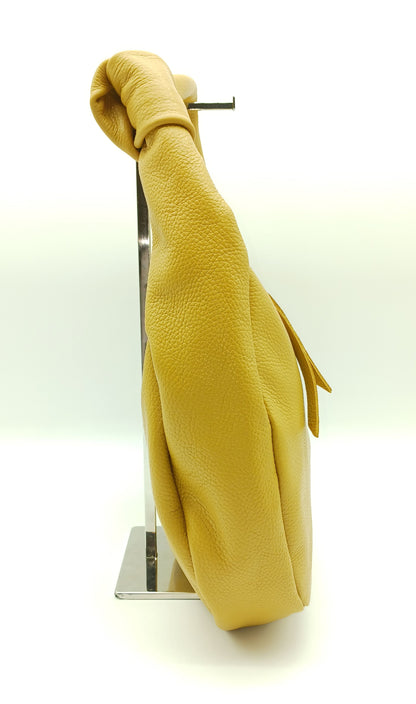 Genuine Pebble Leather Hobo Shoulder Handbag – Made In Italy  - Mustard Yellow