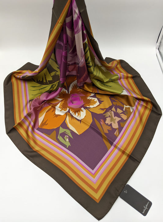 Floral Silk Twill Square Scarf 35x35 – Made In Italy - Natural Brown - DumasvilleBoutique