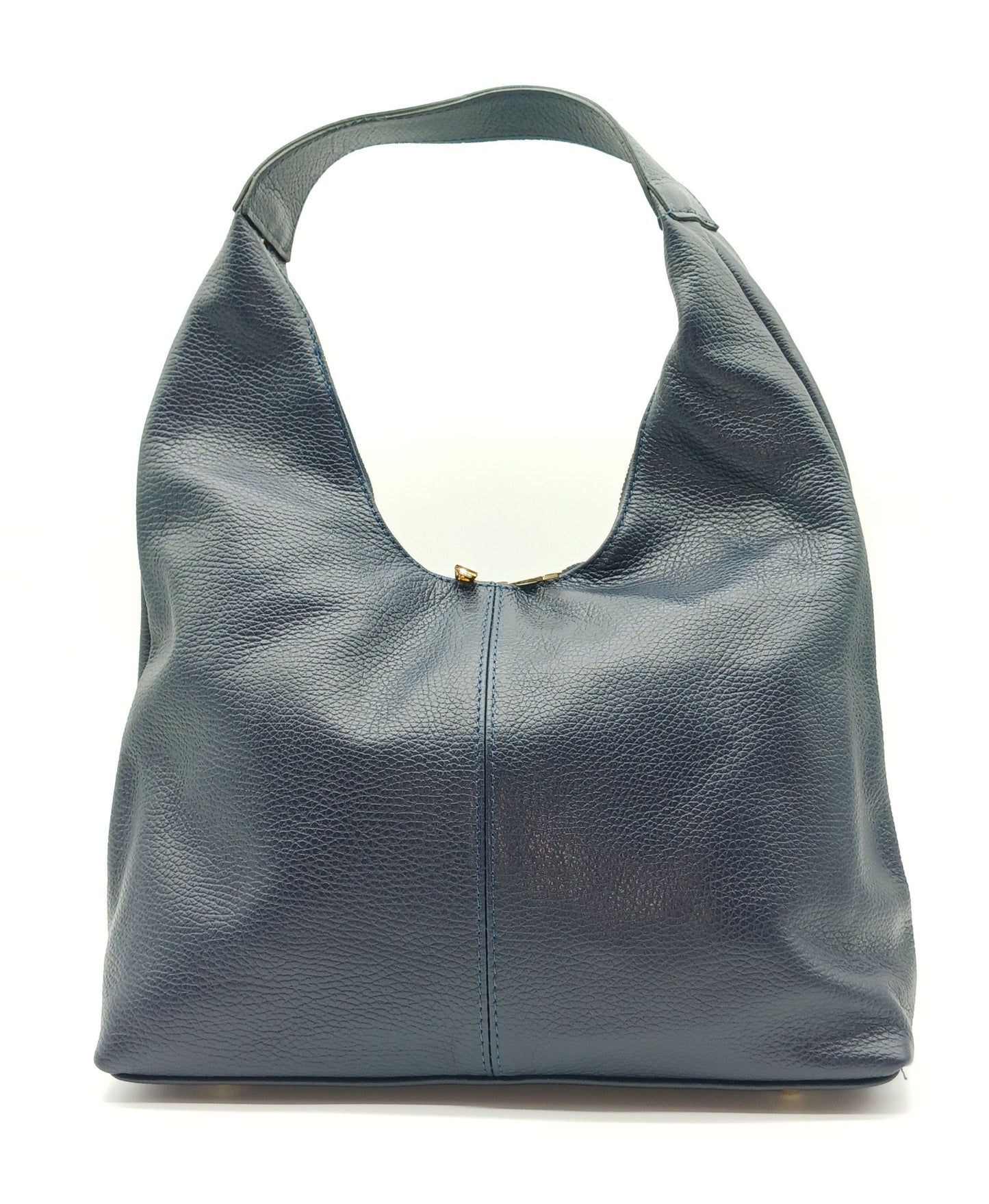 Dark Blue Genuine Pebble Leather Hobo Shoulder Handbag – Made In Italy