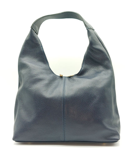 Dark Blue Genuine Pebble Leather Hobo Shoulder Handbag – Made In Italy