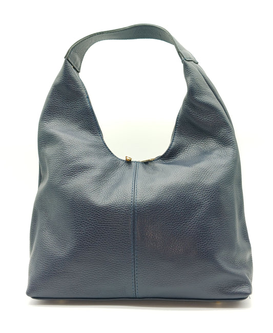 Dark Blue Genuine Pebble Leather Hobo Shoulder Handbag – Made In Italy